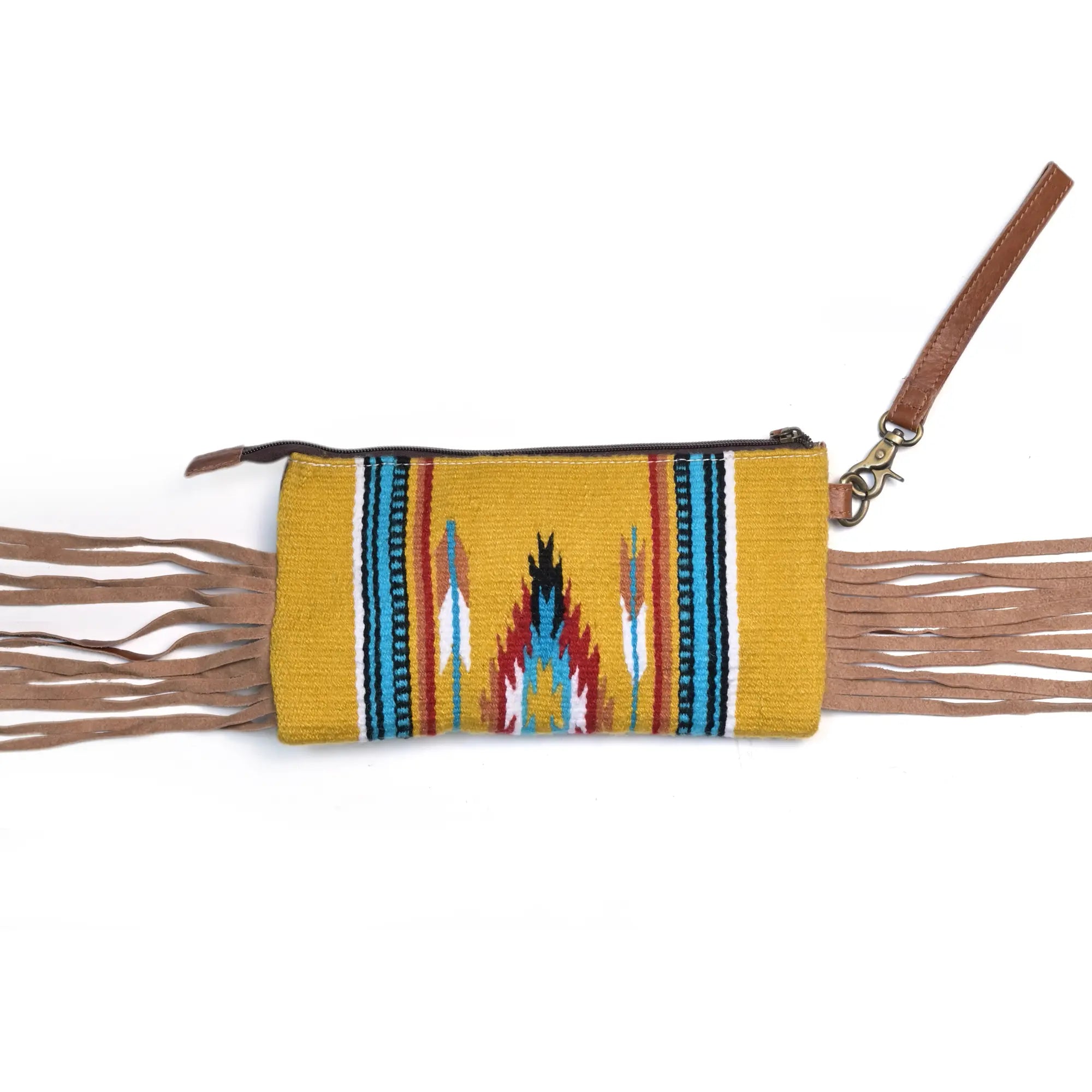 Western Saddle Blanket Hand Tooled Genuine Leather Clutch Wrist Bag - abitoamerica